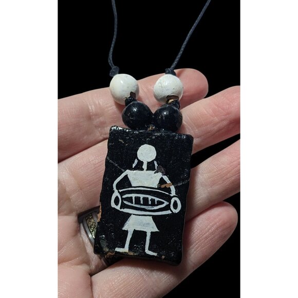 Vintage Terra Cotta Black And White Primitive Person Pendant Necklace - Picture 3 of 10